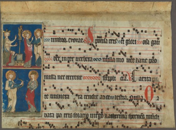 Buchmalerei: Miniaturen mit der hl. Katharina von Alexandrien als Braut Christi sowie Notation mit Liedtext, Illustration mit Musiknoten einer liturgischen Handschrift,  ausgeschnitten aus einem Antiphonar (Choralbuch für den Wechselgesang des Stundengebets), vermutlich aus dem Dominikanerinnenkloster St. Katharinental bei Diessenhofen